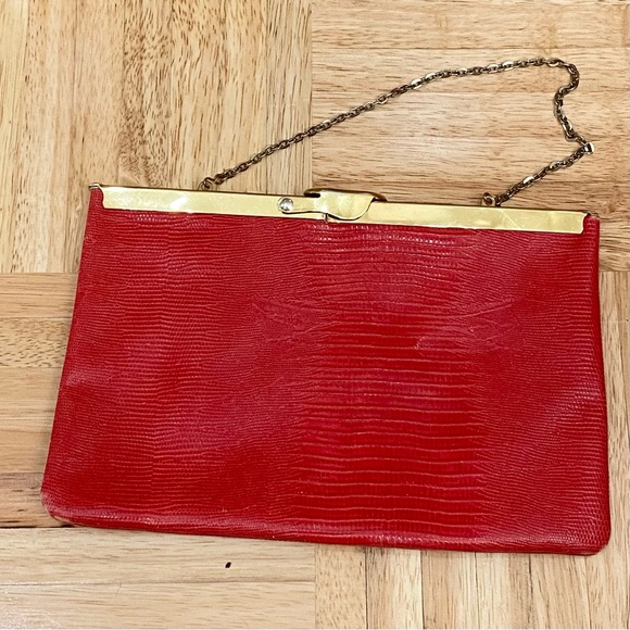 Vintage ETRA Genuine Leather Red Leather Kiss-Lock Convertible Clutch Bag - Picture 3 of 12